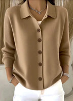 Khaki Women's Button Up Cardigan — Vivien Everyday Relaxed Collar Button-Front - Front Pose