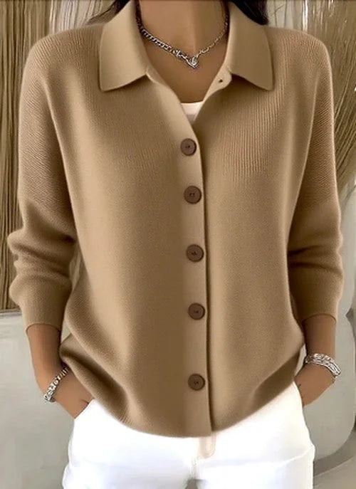 Khaki Women's Button Up Cardigan — Vivien Everyday Relaxed Collar Button-Front - Front Pose