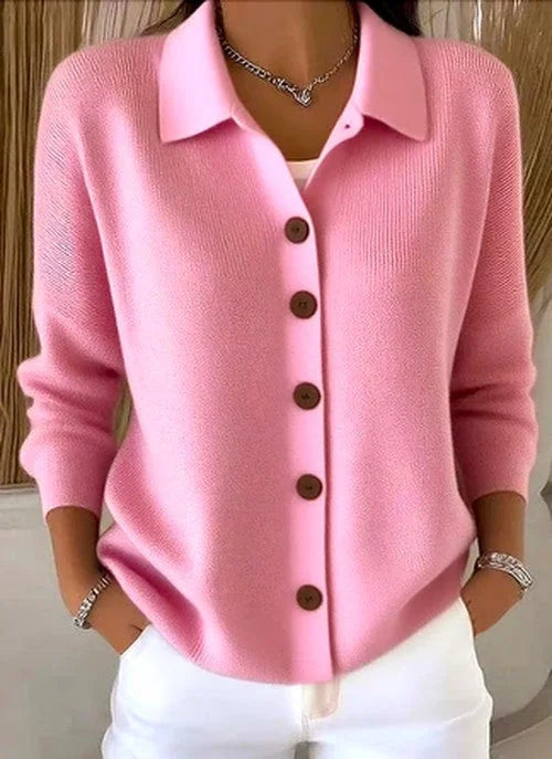 Pink Women's Button Up Cardigan — Vivien Everyday Relaxed Collar Button-Front - Close Up Collar