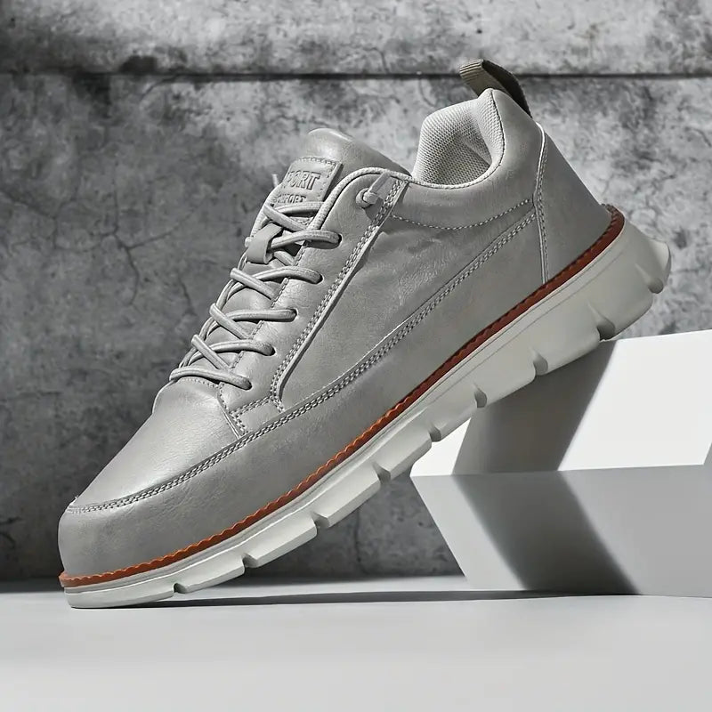 Gray Men's Casual Leather Sneakers — Esther Smooth-Grain Lace-Up Low-Top