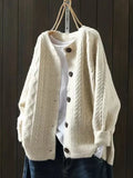Beige Women's Cable Knit Cardigan — Juliette Button-Front Oversized Crew Neck - Front Full