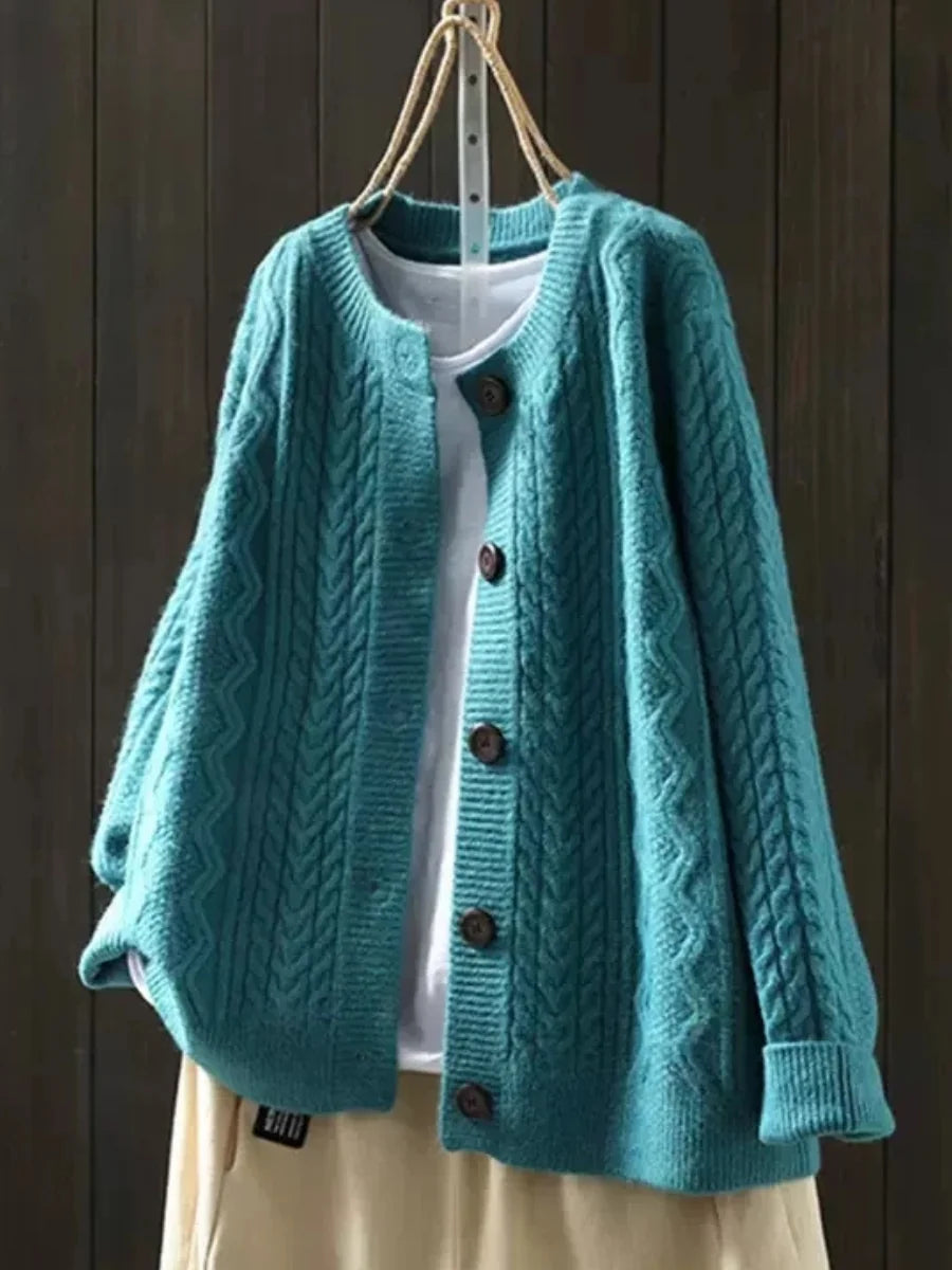 Blue Women's Cable Knit Cardigan — Juliette Button-Front Oversized Crew Neck - Front Relaxed Drape