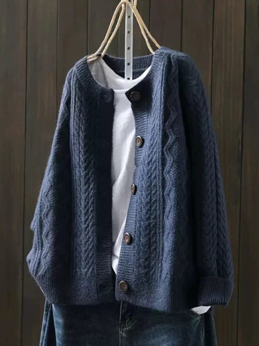 Navy Blue Women's Cable Knit Cardigan — Juliette Button-Front Oversized Crew Neck - Front Buttoned