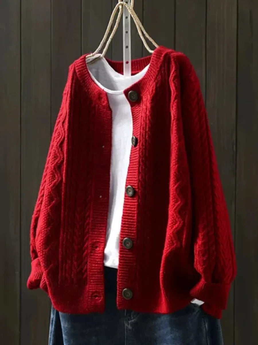 Red Women's Cable Knit Cardigan — Juliette Button-Front Oversized Crew Neck - Front Hanging