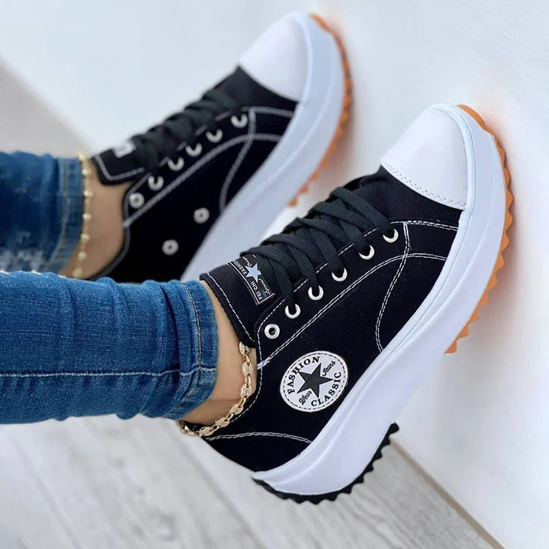 Black Canvas Platform Women's Walking Shoes — Lacey Casual Lace-Up Chunky Sole - Close Up Wall