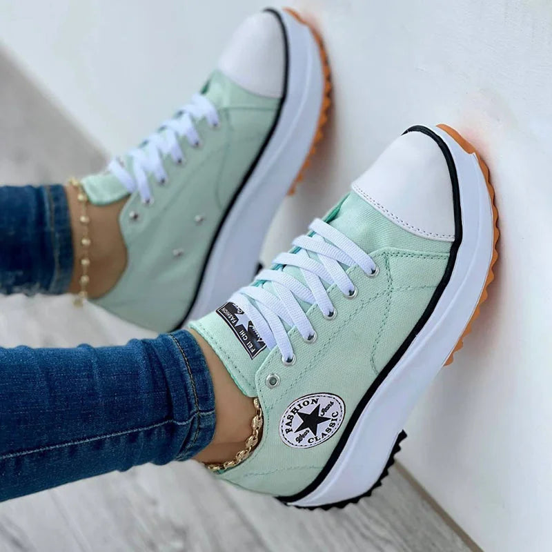 Mint Canvas Platform Women's Walking Shoes — Lacey Casual Lace-Up Chunky Sole - Leaning Pose