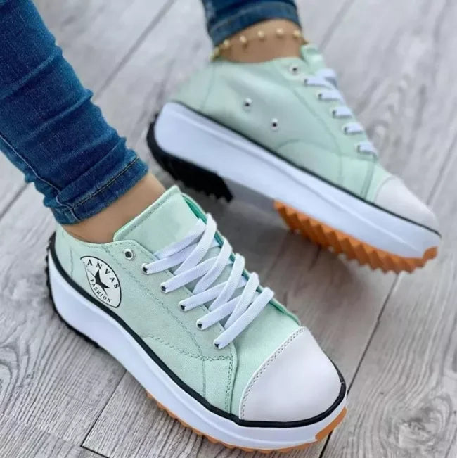 Mint Canvas Platform Women's Walking Shoes — Lacey Casual Lace-Up Chunky Sole - Side Worn