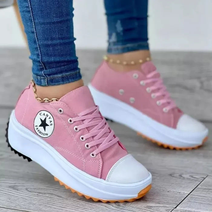 Pink Canvas Platform Women's Walking Shoes — Lacey Casual Lace-Up Chunky Sole - Angled Worn
