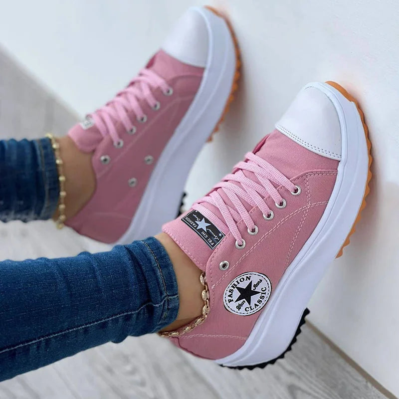 Pink Canvas Platform Women's Walking Shoes — Lacey Casual Lace-Up Chunky Sole - Resting Pose