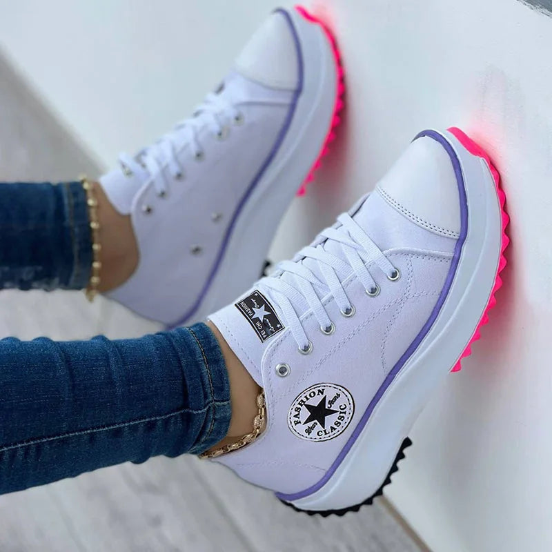 White Canvas Platform Women's Walking Shoes — Lacey Casual Lace-Up Chunky Sole - Close Up Detail