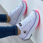 White Canvas Platform Women's Walking Shoes — Lacey Casual Lace-Up Chunky Sole - Close Up Detail
