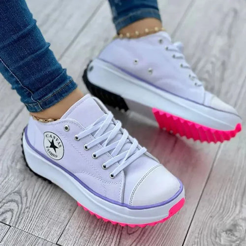 White Canvas Platform Women's Walking Shoes — Lacey Casual Lace-Up Chunky Sole - Worn Lifestyle