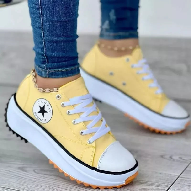 Yellow Canvas Platform Women's Walking Shoes — Lacey Casual Lace-Up Chunky Sole - Front Worn