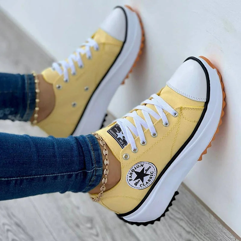 Yellow Canvas Platform Women's Walking Shoes — Lacey Casual Lace-Up Chunky Sole - Hanging Pose