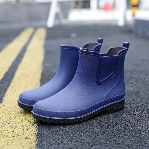 Blue Men's Ankle Rain Boots — Finn Everyday Slip-On Waterproof - Side Profile Pose