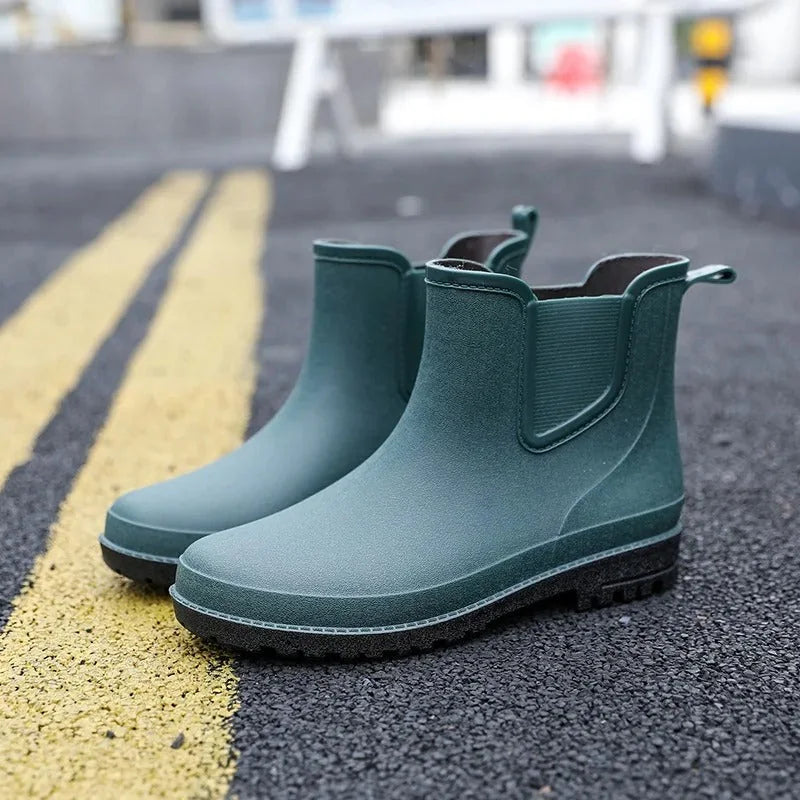 Green Men's Ankle Rain Boots — Finn Everyday Slip-On Waterproof - Front Angle Pose