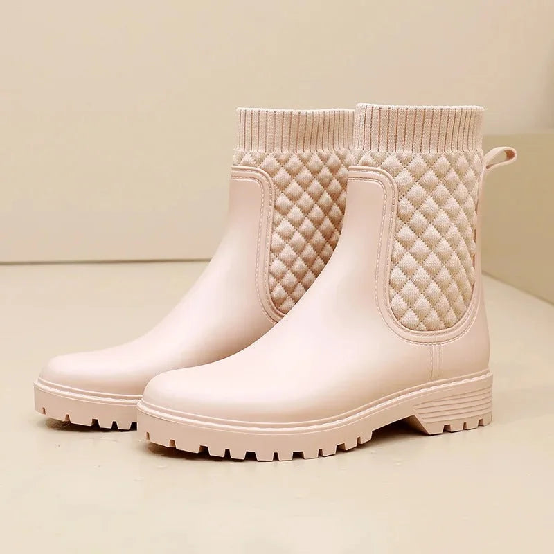 Dark Beige Women's Quilted Rain Boots — Melissa Ribbed-Knit Waterproof Slip-On - Front Full Diamond Knit