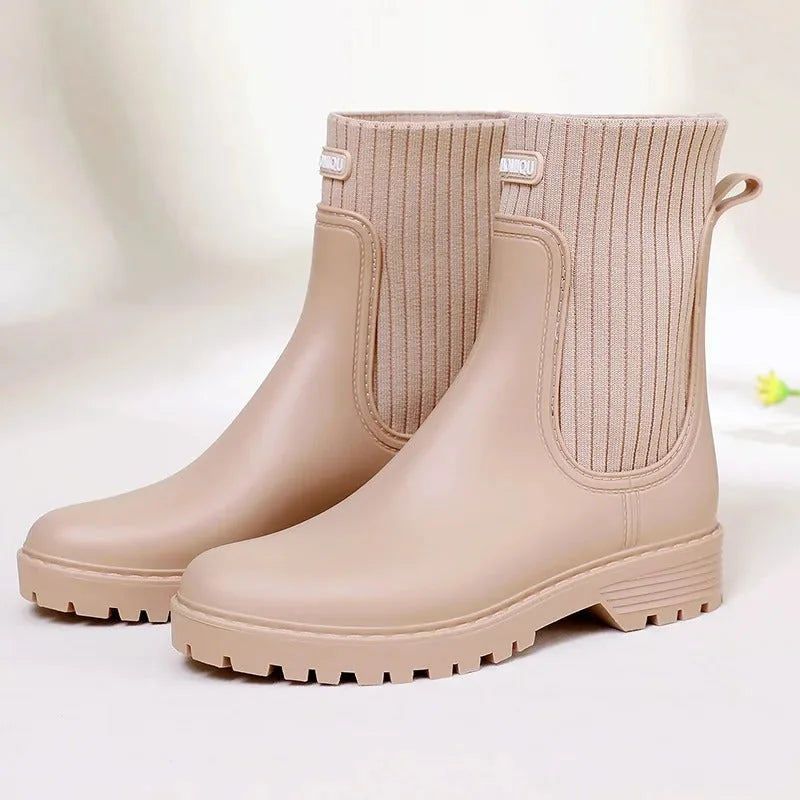 Beige Women's Quilted Rain Boots — Melissa Ribbed-Knit Waterproof Slip-On - Side Branded Ribbed