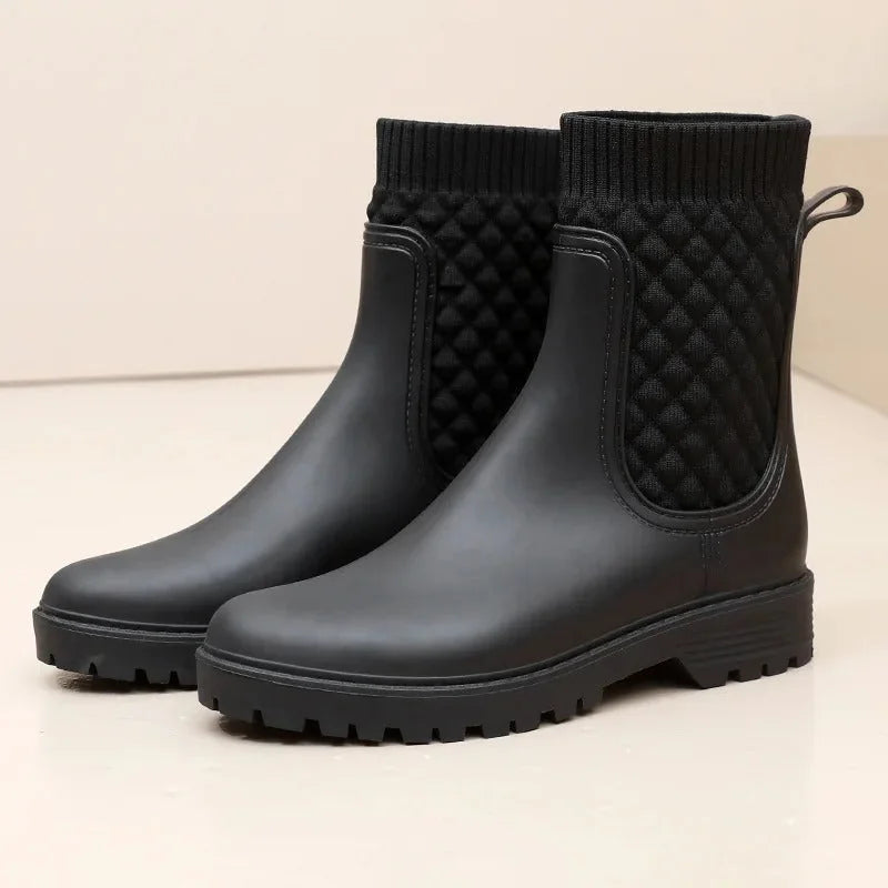 Black Women's Quilted Rain Boots — Melissa Ribbed-Knit Waterproof Slip-On - Front Full Quilted