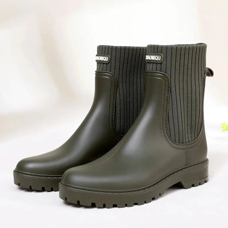 Green Women's Quilted Rain Boots — Melissa Ribbed-Knit Waterproof Slip-On - Front Logo Ribbed