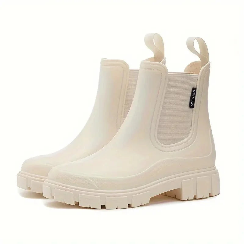 Beige Women's Waterproof Rain Boots — Harper Pull-Tab Lug-Sole Platform - Front Full