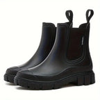 Black Women's Waterproof Rain Boots — Harper Pull-Tab Lug-Sole Platform - Glossy Finish
