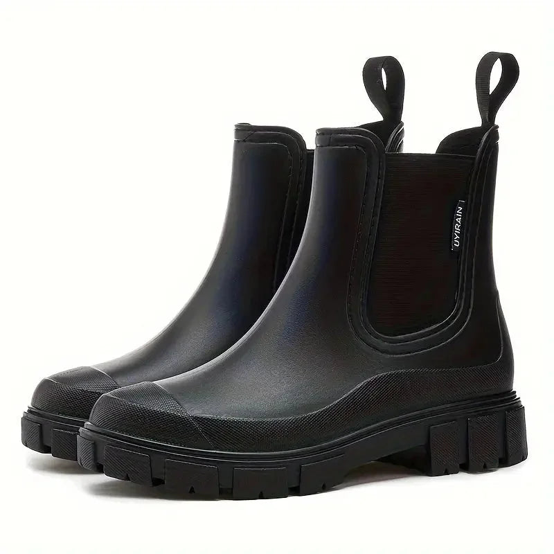 Black Women's Waterproof Rain Boots — Harper Pull-Tab Lug-Sole Platform - Glossy Finish