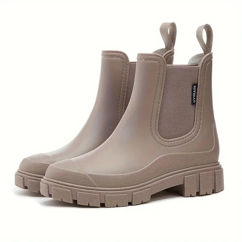 Brown Women's Waterproof Rain Boots — Harper Pull-Tab Lug-Sole Platform - Studio White Angle