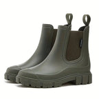 Green Women's Waterproof Rain Boots — Harper Pull-Tab Lug-Sole Platform - Side Profile