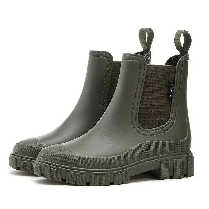 Green Women's Waterproof Rain Boots — Harper Pull-Tab Lug-Sole Platform - Side Profile