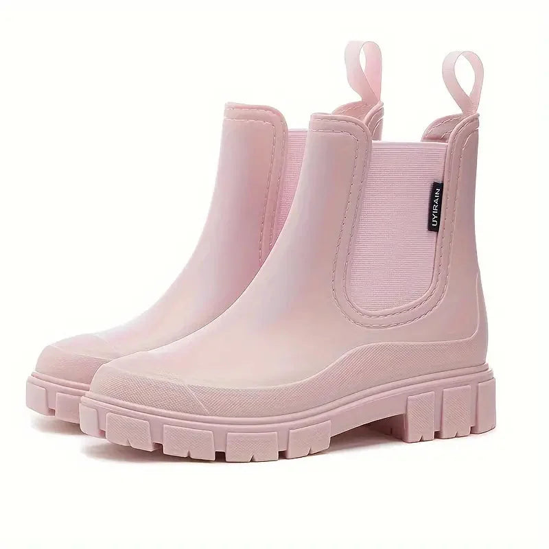 Pink Women's Waterproof Rain Boots — Harper Pull-Tab Lug-Sole Platform - Angled View