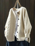 Beige Women's Oversized Chunky Knit Cardigan — Claire Cable-Knit Button-Front Cozy - Front Full