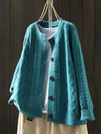Blue Women's Oversized Chunky Knit Cardigan — Claire Cable-Knit Button-Front Cozy - Front Closeup