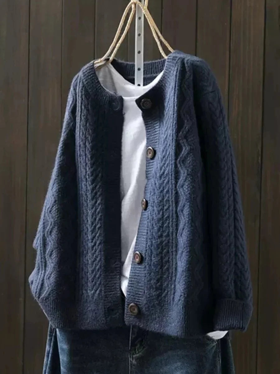 Navy Women's Oversized Chunky Knit Cardigan — Claire Cable-Knit Button-Front Cozy - Front Worn