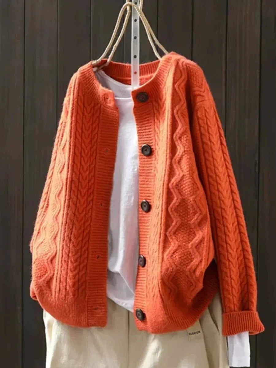 Orange Women's Oversized Chunky Knit Cardigan — Claire Cable-Knit Button-Front Cozy - Front Draped