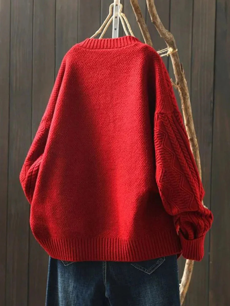Red Women's Oversized Chunky Knit Cardigan — Claire Cable-Knit Button-Front Cozy - Back Detail