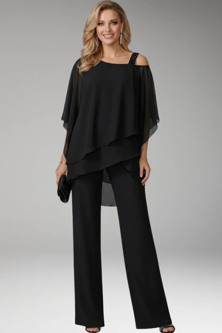 Black Women's Straight-Leg Jumpsuits — Molly Cold-Shoulder Tiered Overlay - Front Full