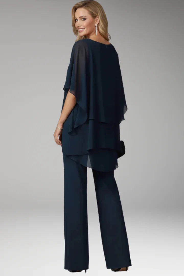 Blue Women's Straight-Leg Jumpsuits — Molly Cold-Shoulder Tiered Overlay - Back Full
