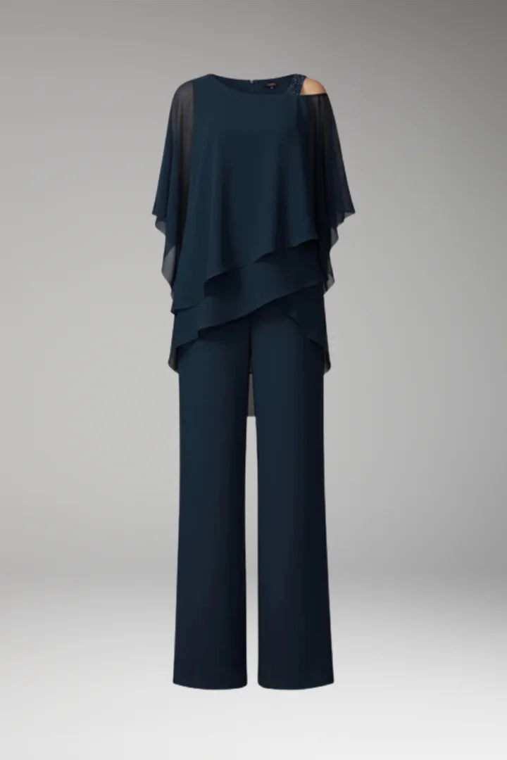Blue Women's Straight-Leg Jumpsuits — Molly Cold-Shoulder Tiered Overlay - Flat Lay Front