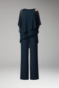 Blue Women's Straight-Leg Jumpsuits — Molly Cold-Shoulder Tiered Overlay - Flat Lay Front