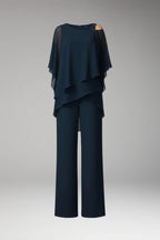 Blue Women's Straight-Leg Jumpsuits — Molly Cold-Shoulder Tiered Overlay - Flat Lay Front
