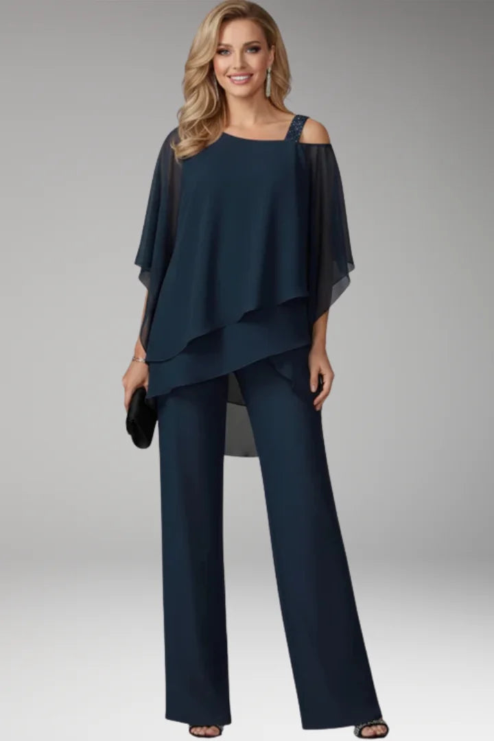 Blue Women's Straight-Leg Jumpsuits — Molly Cold-Shoulder Tiered Overlay - Front Full Worn