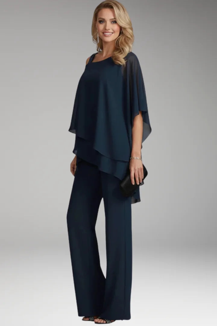 Blue Women's Straight-Leg Jumpsuits — Molly Cold-Shoulder Tiered Overlay - Side Pose Alt