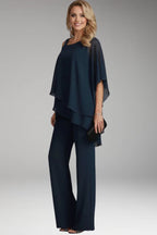 Blue Women's Straight-Leg Jumpsuits — Molly Cold-Shoulder Tiered Overlay - Side Pose Alt