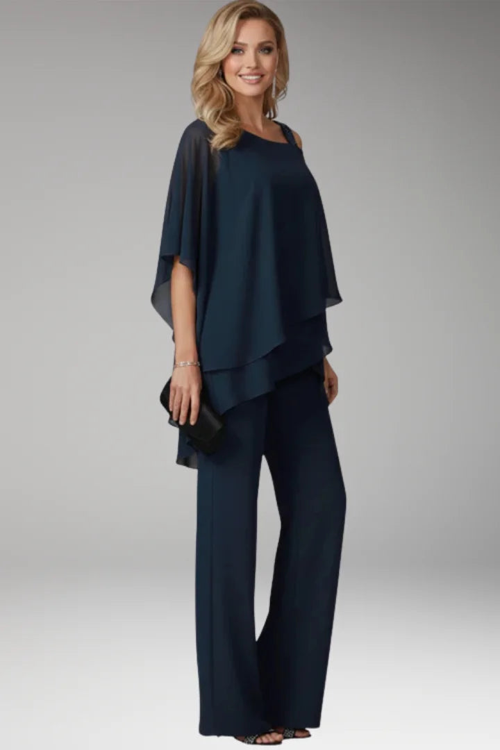 Blue Women's Straight-Leg Jumpsuits — Molly Cold-Shoulder Tiered Overlay - Side Pose