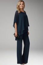 Blue Women's Straight-Leg Jumpsuits — Molly Cold-Shoulder Tiered Overlay - Side Pose