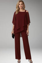 Burgundy Women's Straight-Leg Jumpsuits — Molly Cold-Shoulder Tiered Overlay - Front Full