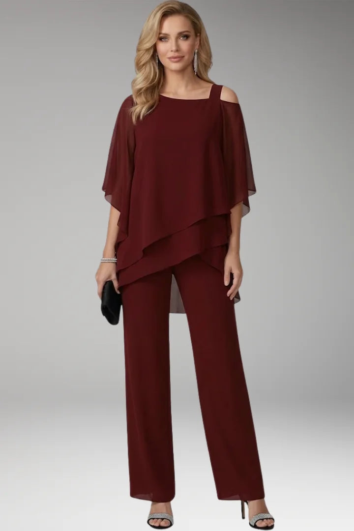 Burgundy Women's Straight-Leg Jumpsuits — Molly Cold-Shoulder Tiered Overlay - Front Full