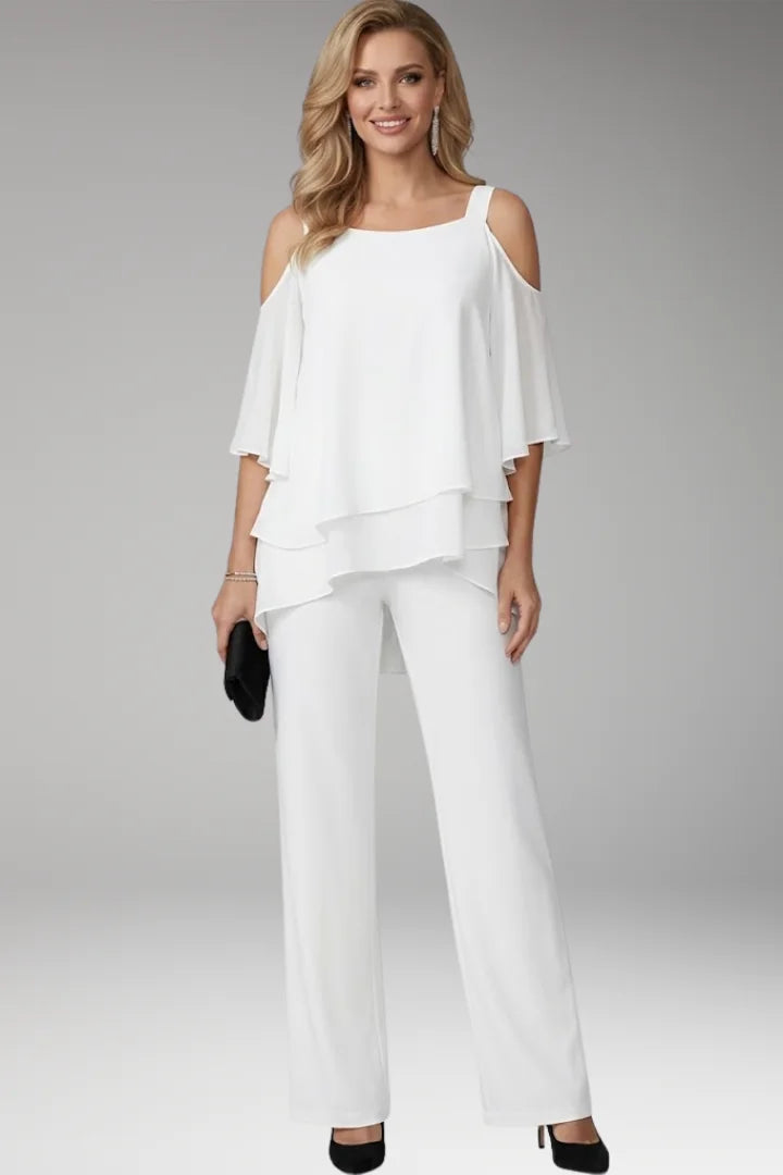 White Women's Straight-Leg Jumpsuits — Molly Cold-Shoulder Tiered Overlay - Front Full