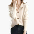 Beige Women's Collared Button Up Cardigan — Carolina Ribbed-Cuff Longline Knit - Front Full